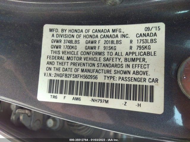 Honda Civic Sedan Lx 2015 2HGFB2F5XFH560956 Image 9