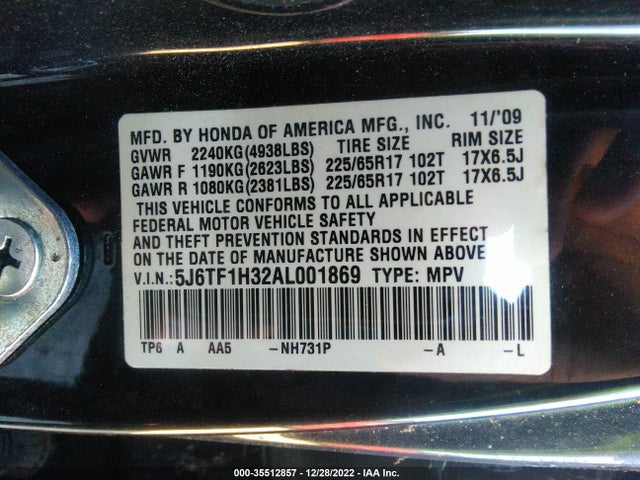 2010 HONDA ACCORD CROSSTOUR EX VIN: 5J6TF1H32AL001869