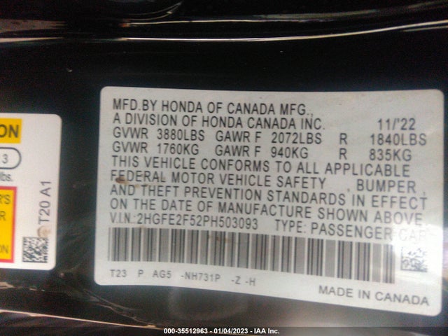 2023 HONDA CIVIC SEDAN SPORT VIN: 2HGFE2F52PH503093