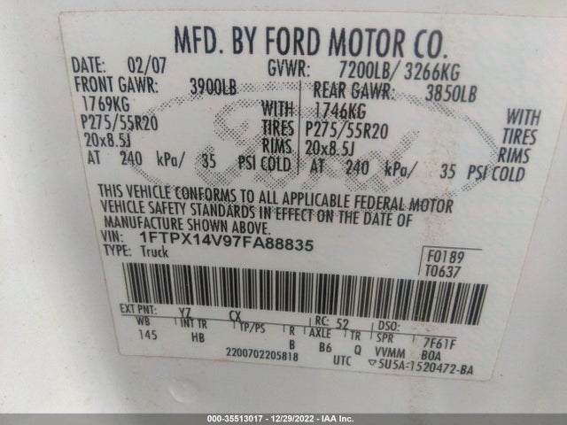 2007 FORD F-150 XLT/FX4/LARIAT/XL VIN: 1FTPX14V97FA88835