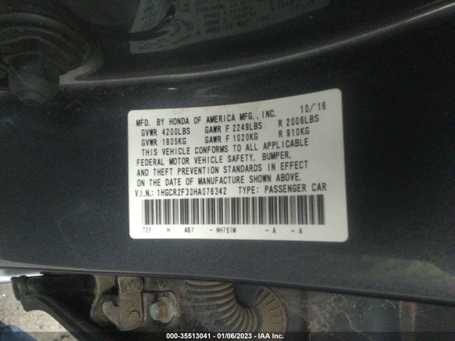 Honda ACCORD SEDAN 2017 1HGCR2F30HA076342 Image 13