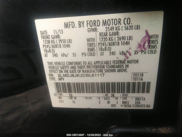 2013 LINCOLN MKX VIN: 2LMDJ8JK2DBL61117