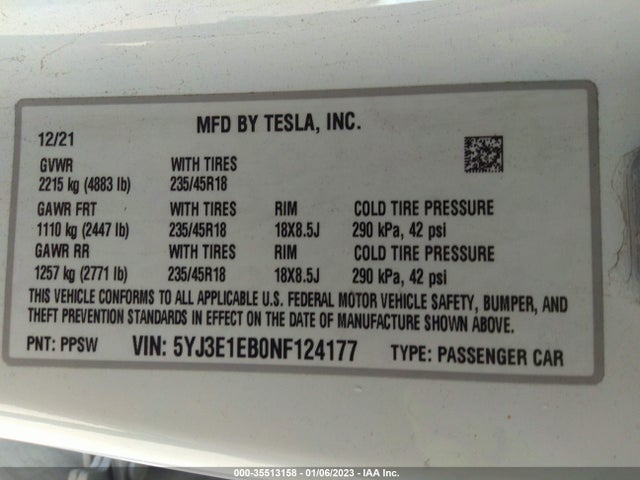 Tesla Model 3 Long Range 2022 5YJ3E1EB0NF124177 Image 10