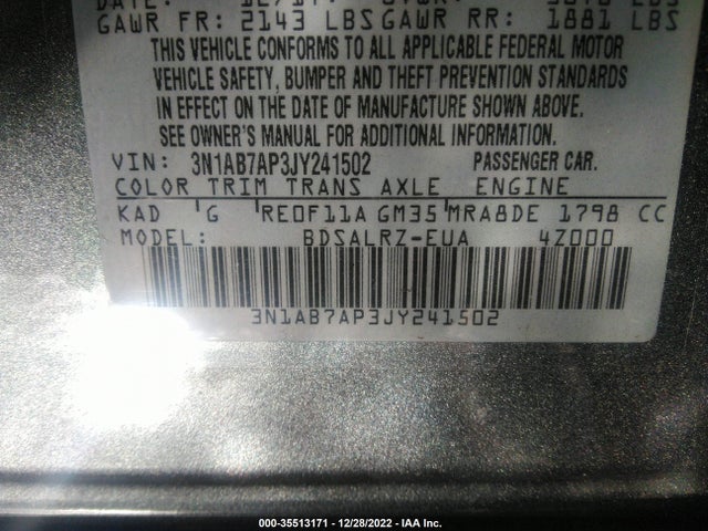 2018 NISSAN SENTRA SR VIN: 3N1AB7AP3JY241502