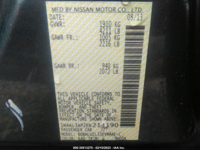 1N4AL3AP2EN214190 Nissan Altima 2.5 Sv