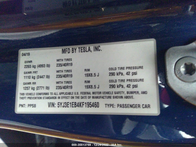 2019 TESLA MODEL 3 LONG RANGE/PERFORMANCE VIN: 5YJ3E1EB4KF195460