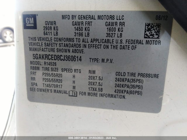 2012 BUICK ENCLAVE LEATHER VIN: 5GAKRCED8CJ360614