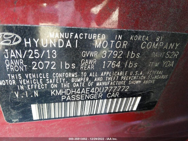 2013 HYUNDAI ELANTRA LIMITED VIN: KMHDH4AE4DU777772