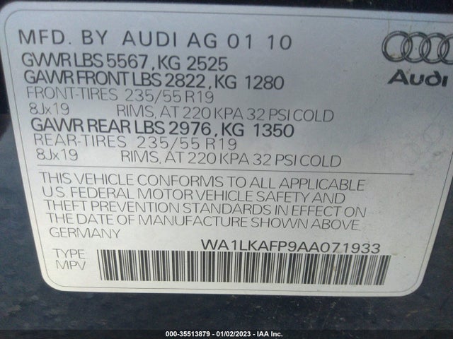 2010 AUDI Q5 PREMIUM PLUS VIN: WA1LKAFP9AA071933