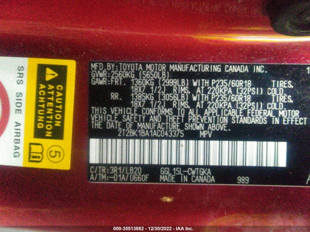 2T2BK1BA1AC043375 Lexus RX