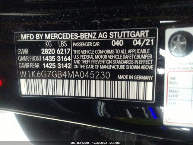 2021 Mercedes-Benz S-Class, VIN: W1K6G7GB4MA045230