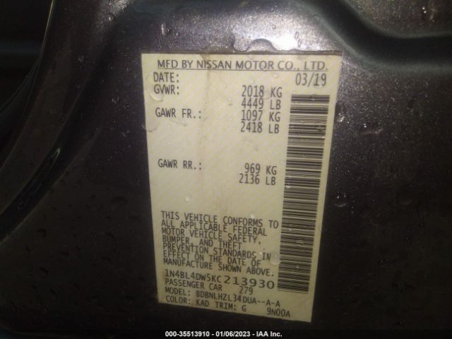 1N4BL4DW5KC213930 Nissan Altima 2.5 Sv