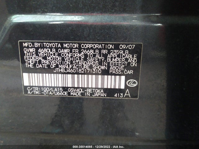 2008 LEXUS ES 350 VIN: JTHBJ46G182171310