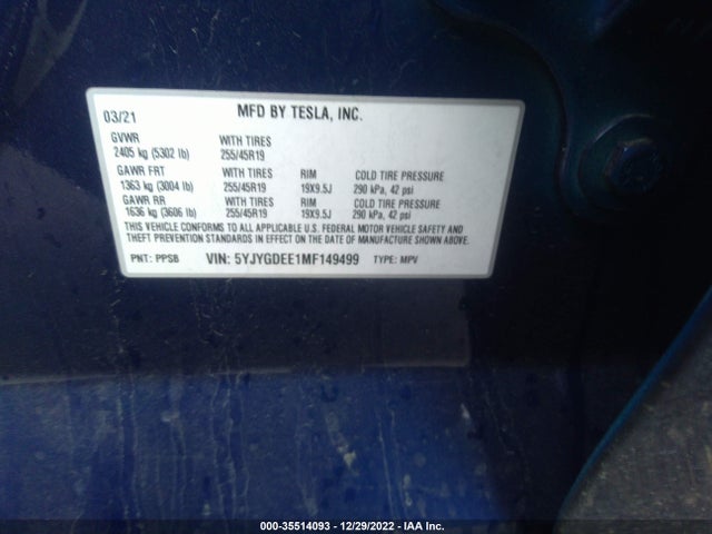Tesla Model Y Long Range 2021 5YJYGDEE1MF149499 Image 9