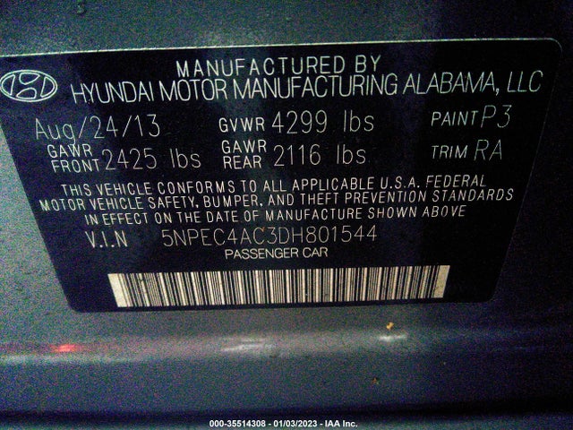2013 HYUNDAI SONATA SE VIN: 5NPEC4AC3DH801544