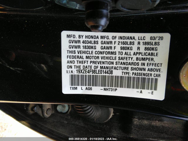 2020 HONDA INSIGHT TOURING VIN: 19XZE4F98LE014438