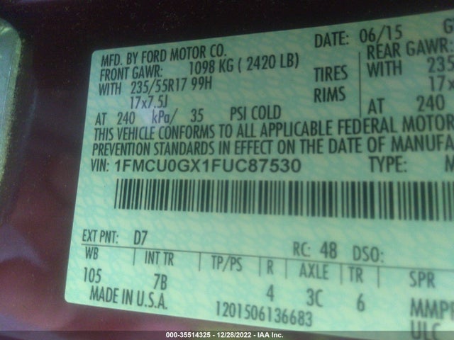2015 Ford Escape, VIN: 1FMCU0GX1FUC87530