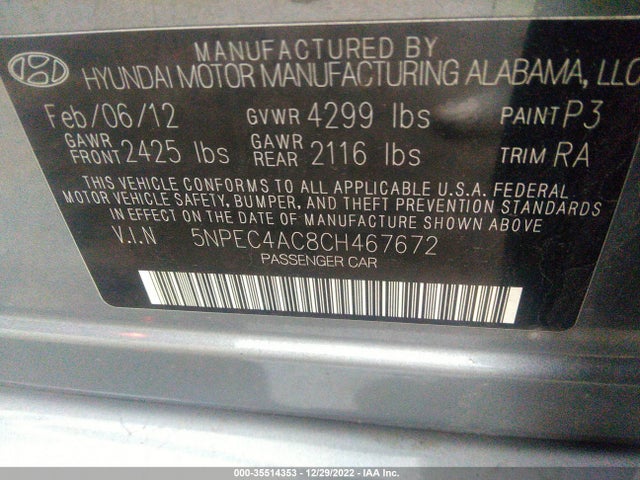 2012 HYUNDAI SONATA 2.4L LIMITED PZEV VIN: 5NPEC4AC8CH467672