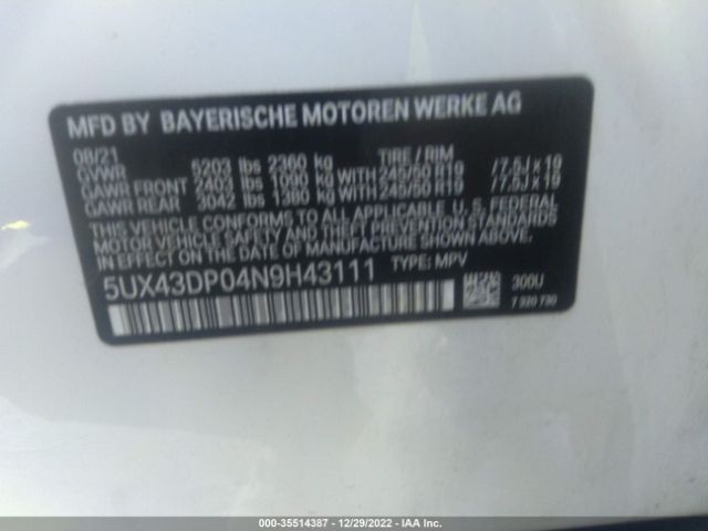 5UX43DP04N9H43111 BMW X3 Sdrive30i