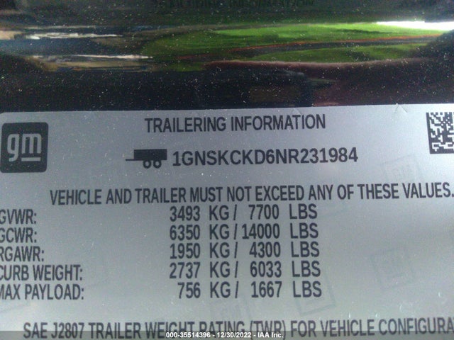 2022 Chevrolet Suburban, VIN: 1GNSKCKD6NR231984