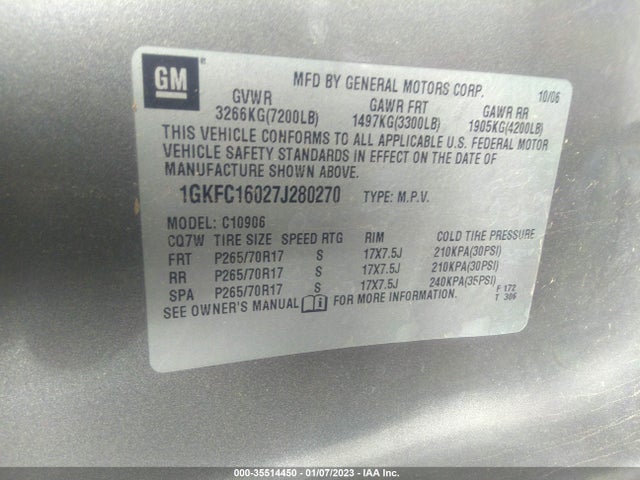 2007 GMC YUKON XL SLE VIN: 1GKFC16027J280270