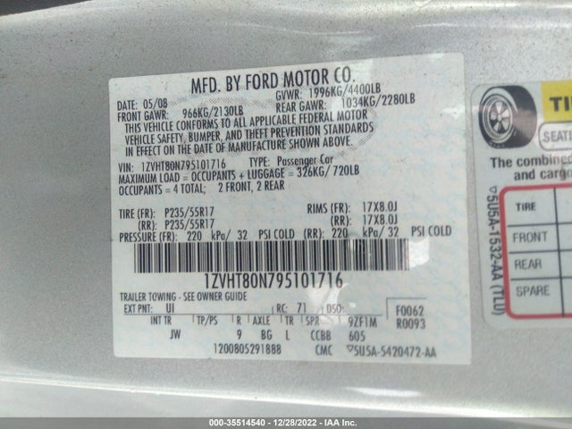 2009 FORD MUSTANG VIN: 1ZVHT80N795101716