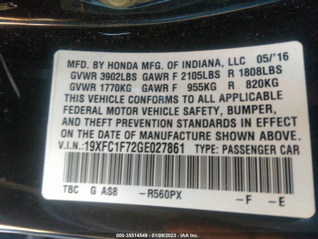 2016 HONDA CIVIC SEDAN EX-L VIN: 19XFC1F72GE027861