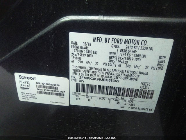2018 FORD EDGE TITANIUM VIN: 2FMPK3K99JBB68365