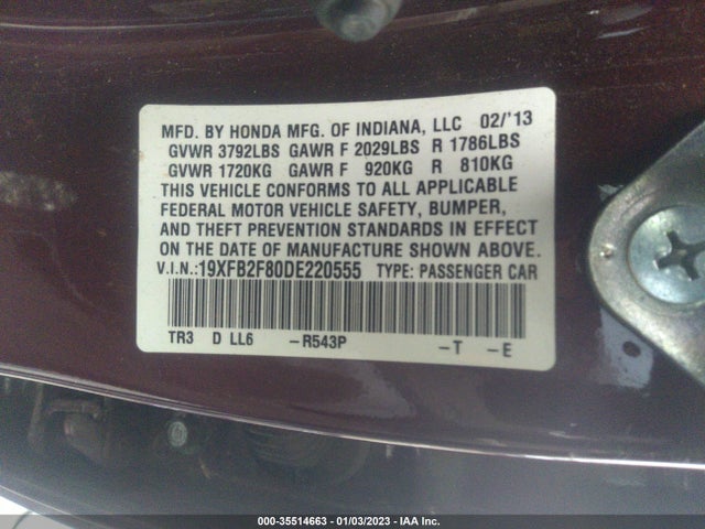2013 HONDA CIVIC SDN EX VIN: 19XFB2F80DE220555
