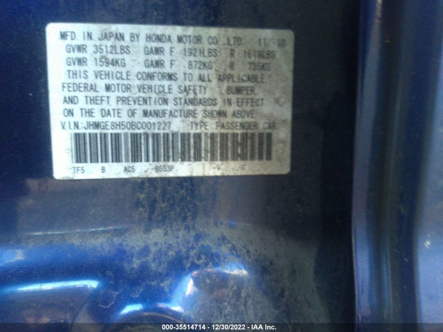 2011 HONDA FIT SPORT VIN: JHMGE8H50BC001227