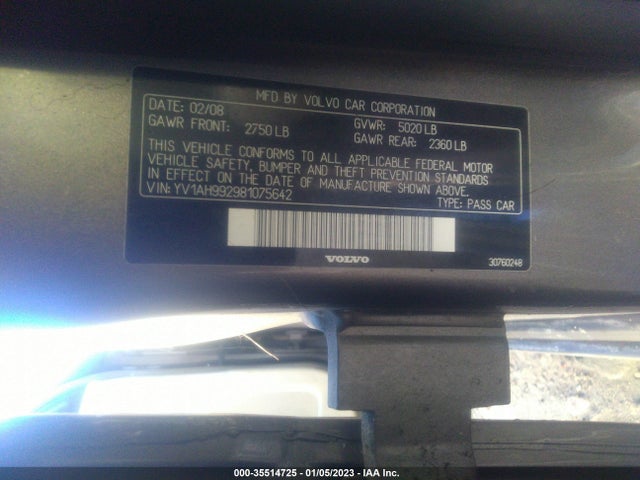 2008 VOLVO S80 3.0L TURBO VIN: YV1AH992981075642