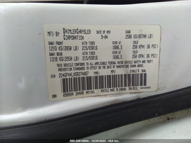 2005 DODGE GRAND CARAVAN SXT VIN: 2D4GP44LX5R274067