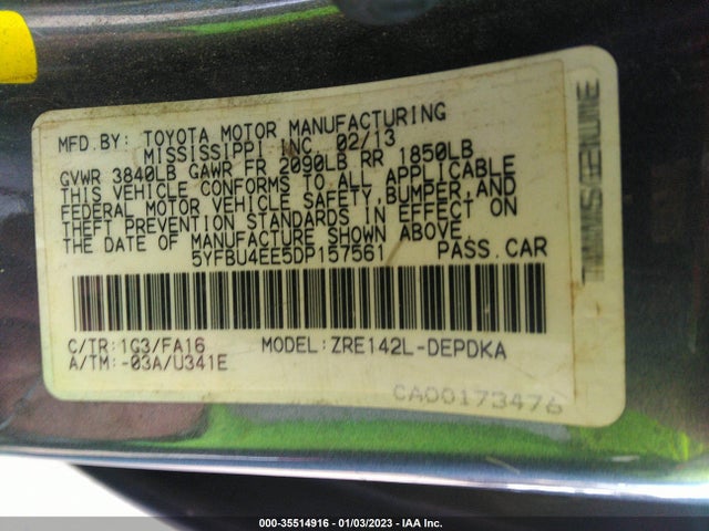 2013 TOYOTA COROLLA L/LE/S VIN: 5YFBU4EE5DP157561