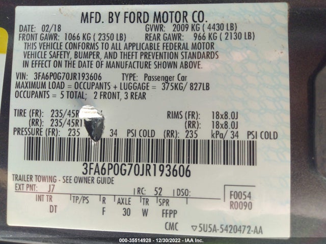 Продаж на аукціоні авто 2018 Ford Fusion S, vin: 3FA6P0G70JR193606, номер лоту: 35514928