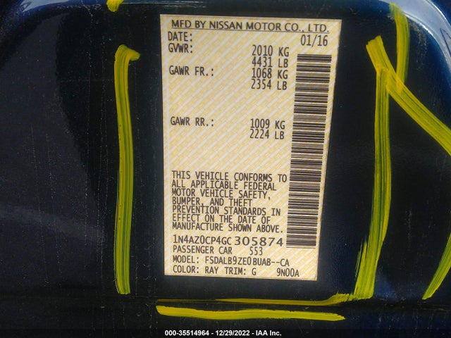2016 Nissan Leaf, VIN: 1N4AZ0CP4GC305874