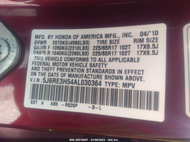 Honda CR-V EX 2010 5J6RE3H54AL030364 Image 10