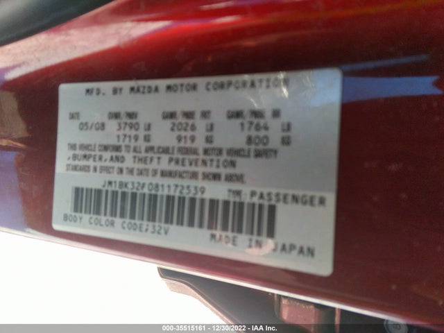 2008 MAZDA MAZDA3 I TOURING VALUE VIN: JM1BK32F081172539