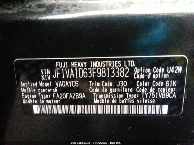 2015 Subaru WRX, VIN: JF1VA1D63F9813382