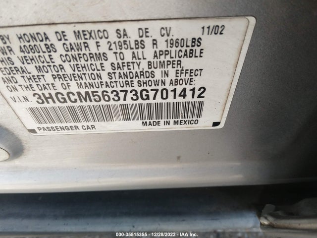 2003 HONDA ACCORD SDN LX VIN: 3HGCM56373G701412