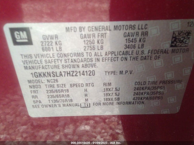 GMC ACADIA SLE 2017 1GKKNSLA7HZ214120 Image 9