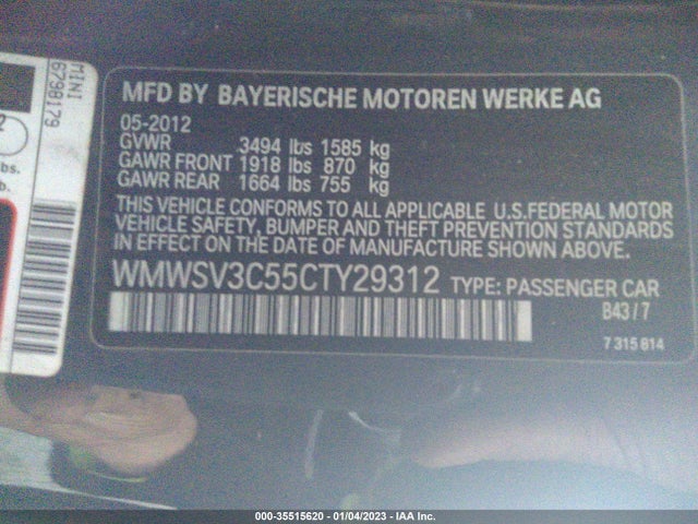 WMWSV3C55CTY29312 Mini Cooper Hardtop S