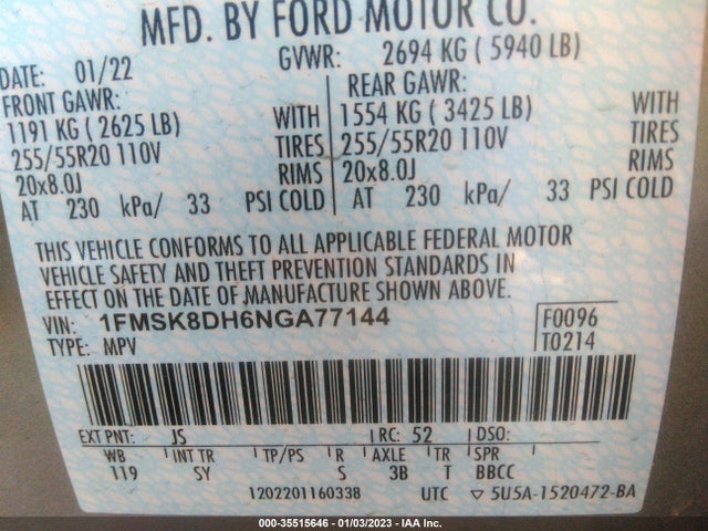 2022 Ford Explorer, VIN: 1FMSK8DH6NGA77144