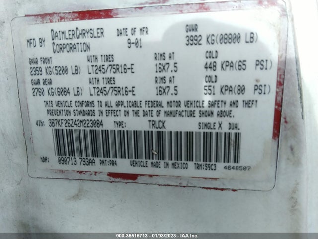 2002 DODGE RAM 2500 VIN: 3B7KF26Z42M223084