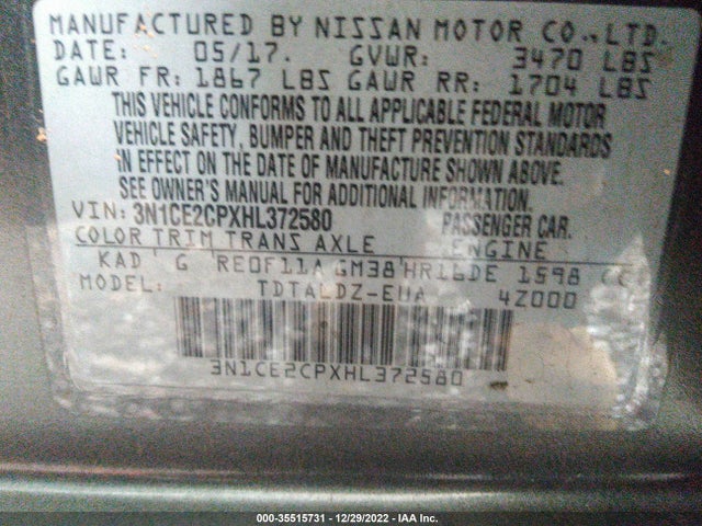 2017 NISSAN VERSA NOTE SV VIN: 3N1CE2CPXHL372580
