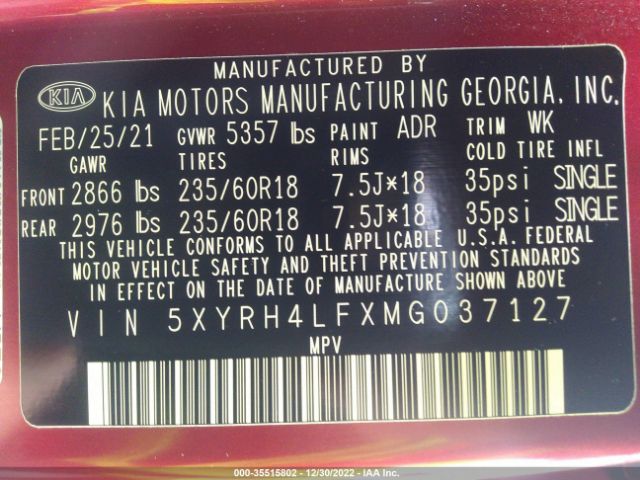5XYRH4LFXMG037127 KIA SORENTO EX