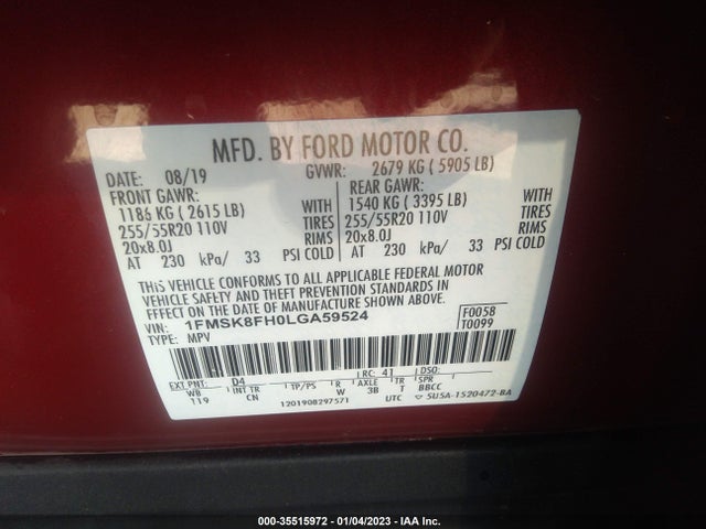 2020 FORD EXPLORER LIMITED VIN: 1FMSK8FH0LGA59524