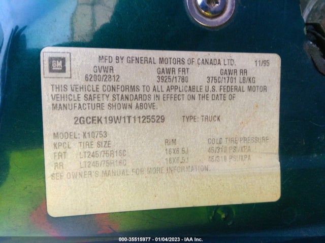 1996 CHEVROLET GMT-400 K1500 VIN: 2GCEK19W1T1125529
