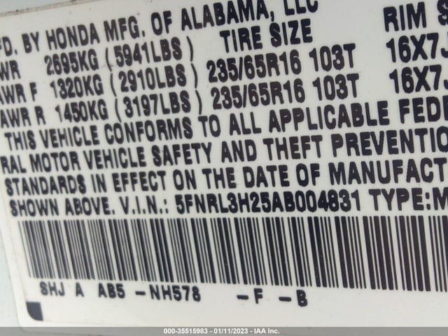 2010 HONDA ODYSSEY LX VIN: 5FNRL3H25AB004831