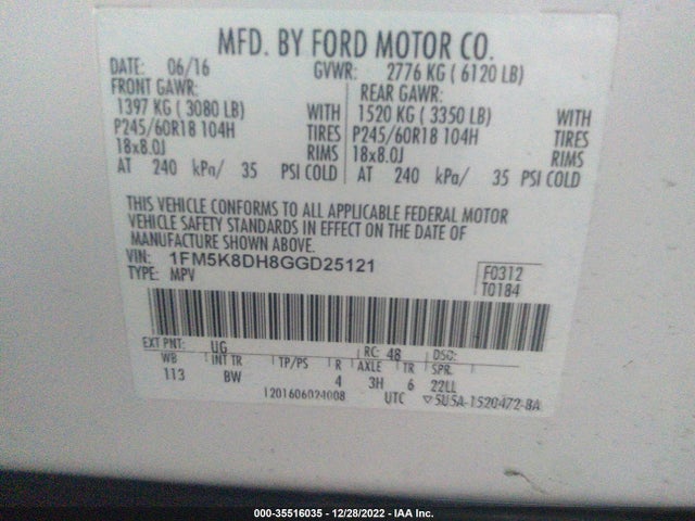 Продаж на аукціоні авто 2016 Ford Explorer Xlt, vin: 1FM5K8DH8GGD25121, номер лоту: 35516035