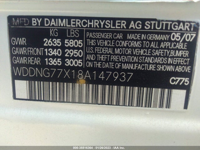 2008 MERCEDES-BENZ S-CLASS 6.3L V8 AMG VIN: WDDNG77X18A147937